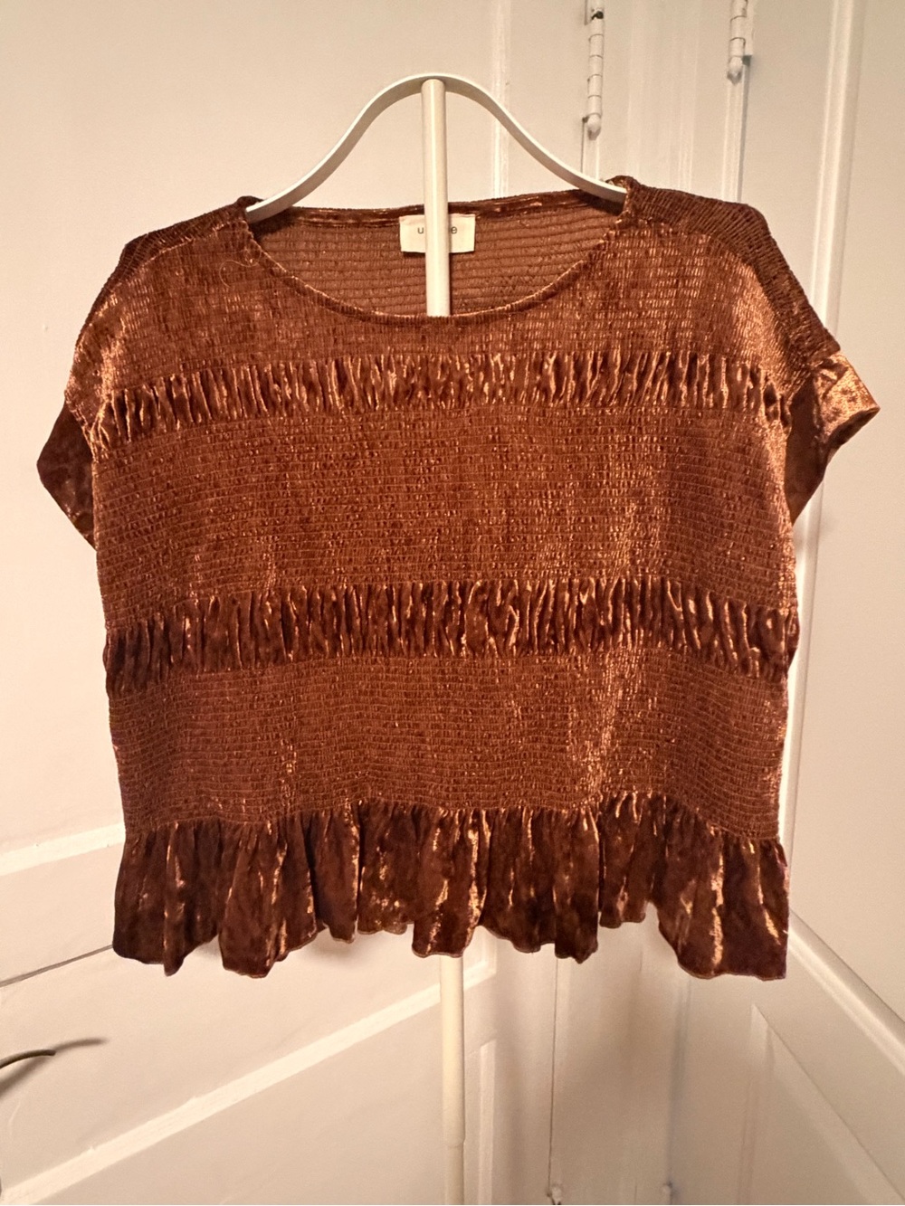 Umgee Metallic Brown Short Sleeve Ruffle Hem Top